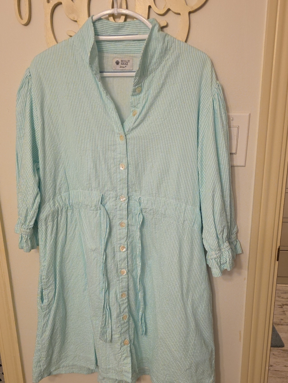 Holly Shae Seafoam Stripe Tie-Waist Long Sleeve Shirt Dress